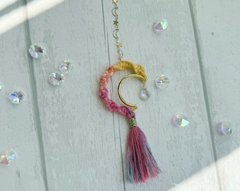 Mini macrame moon crystal suncatcher knotted with hand dyed ombré cord, unique gift for a new home