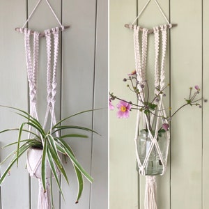 May include: Two macrame plant hangers, one with a green spider plant and the other with pink flowers in a glass jar. Both hangers are made with white cotton cord and have a driftwood top.
