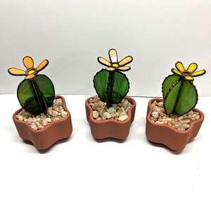 Stained Glass Cactus Succulent with Flower in Clay Pot