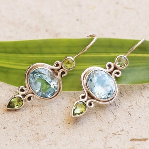 Silver Drop Earrings With Topaz  And Peridot Gemstones, Dangle & Drop  Earring, 925 Silver