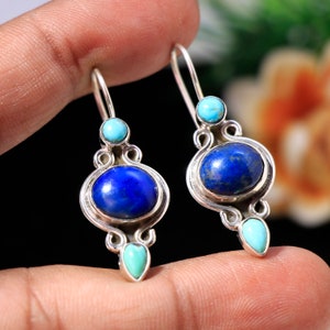 925 Sterling Silver Lapis Lazuli and Turquoise Earrings,   Gemstones, natural Stone Earring Gift for Her.