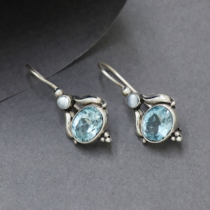 Blue Topaz And Pearl 92.5 Sterling Silver Dangle & Drop Earrings with Natural Gem Stone Small Topaz Gift for Mom