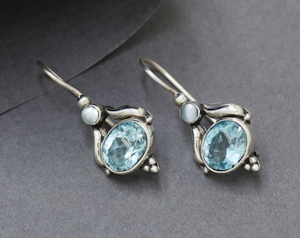 Blue Topaz Pearl Sterling Silver Dangle Earrings: Handmade Gemstone Jewelry