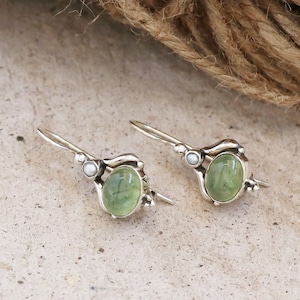 Handmade Sterling Silver Dangle & Drop Earrings with Natural Gem Stone Small Pearl and Prehnite