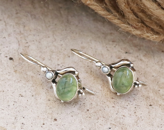 Handmade Sterling Silver Dangle & Drop Earrings with Natural Gem Stone Small Pearl and Prehnite