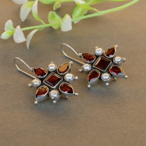 Handmade Sterling Silver Dangle & Drop Earrings with Natural Gem Stone Small Pearl and Garnet.