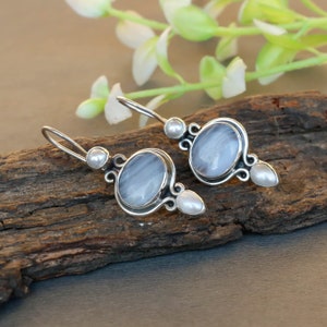 92.5 Sterling Silver Dangle & Drop Earrings with Natural Gem Stone Small Pearl and Blue lace Agate Handmade Earring