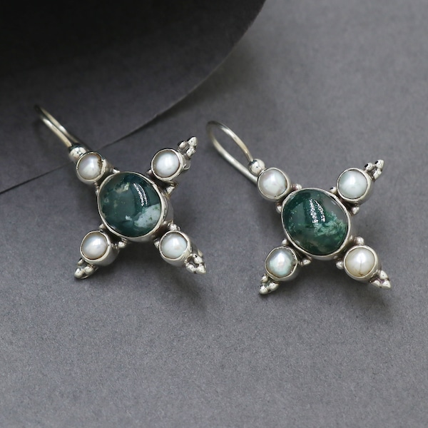 Kolczyki z perłami z agatu mszystego: wiszące kolczyki ze srebra próby 925