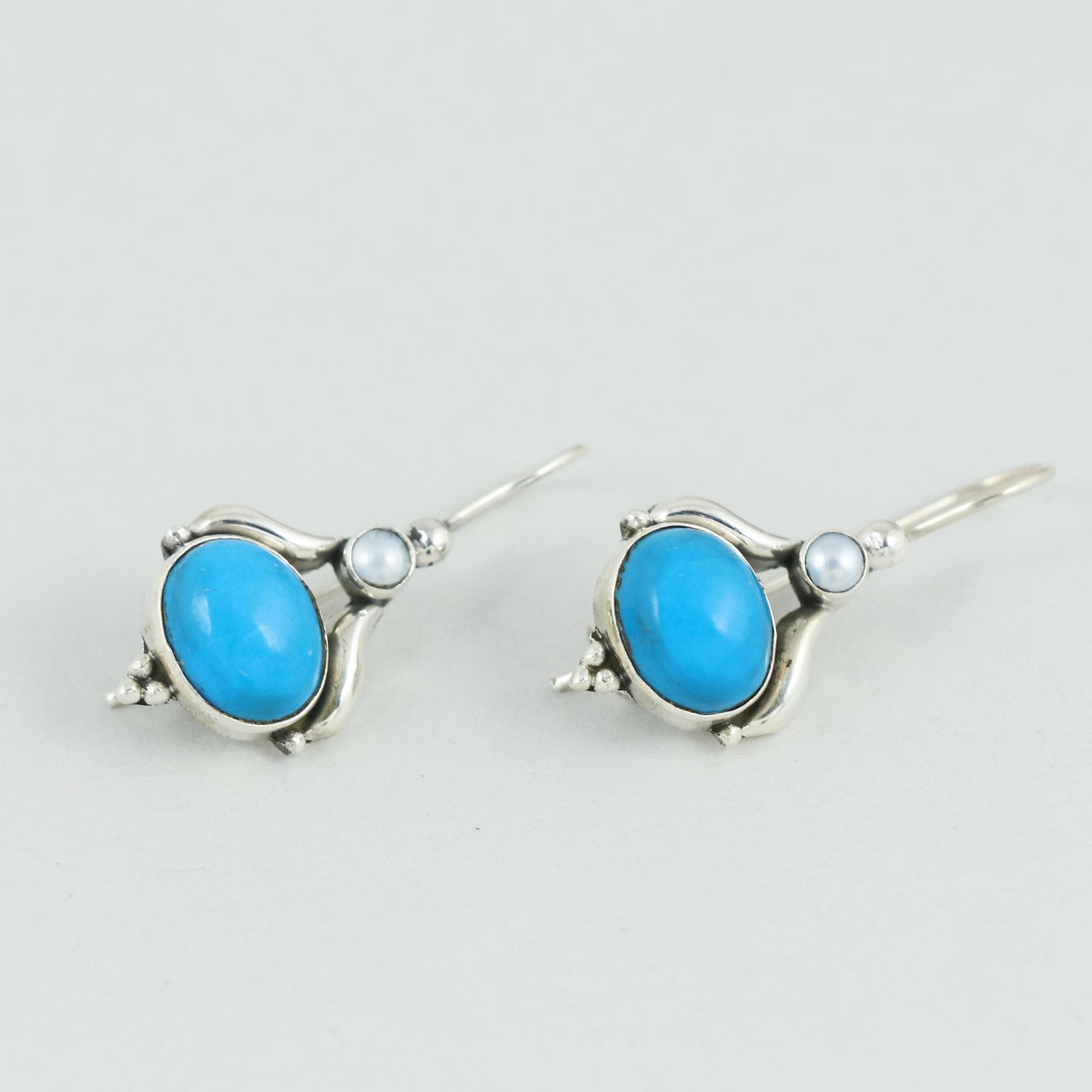 Boucles D'Oreilles Argent Massif Pendantes Avec Perles De Turquoise - Occasion