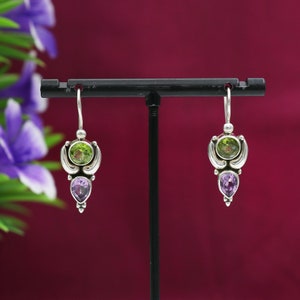 925 Sterling Handmade  Silver Dangle & Drop Earrings with Natural Gem Stone Peridot and Amethyst Multi color