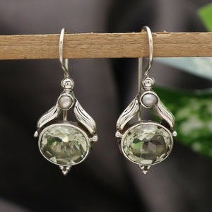 Natural Green Amethyst Earrings, Sterling Silver Earrings, Green Amethyst 8X10 mm Oval Gemstone Earrings, Silver Earrings, Womens Earrings