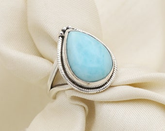Larimar Ring ~ Statement ~ Gemstone ~ Semi Precious Stone ~ Blue ~ White ~ Natural ~ Organic ~ Sterling Silver 925~Tear Drop~Thin Band~MR278