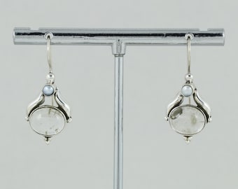 Handmade 925 Sterling Silver Antique Earrings: Crystal Quartz & Pearl