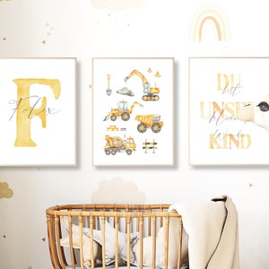 Baustelle Poster Set mit Name Kinderzimmer Deko Junge Mädchen Geschenk zum Geburtstag Bagger Bilder Kinder Baby/Babyzimmer Bau Spielzimmer