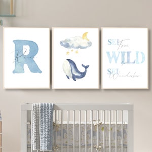 Conjunto de póster de ballena con nombre Decoración de guardería Regalo para niñas jóvenes para nacimiento / bautismo Cloud Moon Pictures Niños Bebé / bebé Habitación personalizada