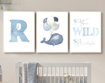 Wal Poster Set mit Name Kinderzimmer Deko Junge Mädchen Geschenk zur Geburt/Taufe Luftballon Bilder Kinder Baby/Babyzimmer personalisiert