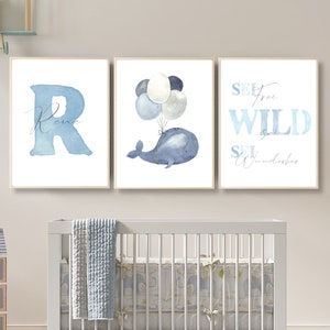 Whale poster set with name children's room decoration boy girl gift for birth/baptism balloon pictures children baby/baby room personalized