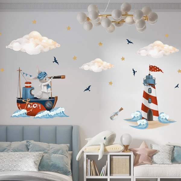 Pandawal Wandaufkleber Ahoi Maritim Deko Wandtattoo Kinderzimmer Babyzimmer für Mädchen und Jungen Wandbild Aufkleber Baby/Kinder Wanddeko