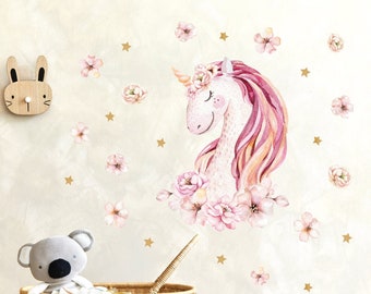 Wandaufkleber Einhorn Deko Wandtattoo für Kinderzimmer Babyzimmer Mädchen Tierkopf Blumen und Sterne Wandbild Aufkleber Baby/Kinder Wanddeko