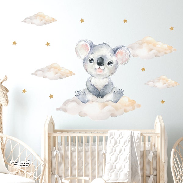 Panda Whale Stickers Muraux Pépinière Bébé Koala avec Nuages et Étoiles Safari Stickers Muraux pour Enfants Décoration Murale Garçons et Filles