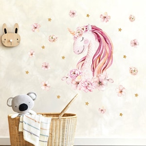 Wandaufkleber Einhorn Deko Wandtattoo für Kinderzimmer Babyzimmer Mädchen Tierkopf Blumen und Sterne Wandbild Aufkleber Baby/Kinder Wanddeko