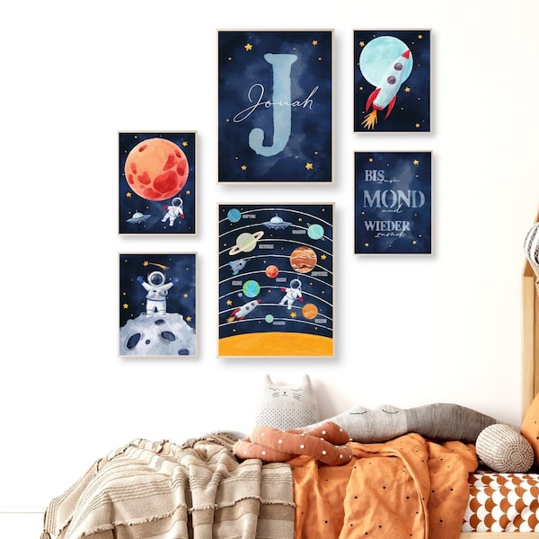 Ensemble d'affiches d'astronaute avec nom décoration de chambre d'enfant garçon et fille cadeau naissance/baptême photos enfants bébé chambre d'enfant personnalisé A4 & A3