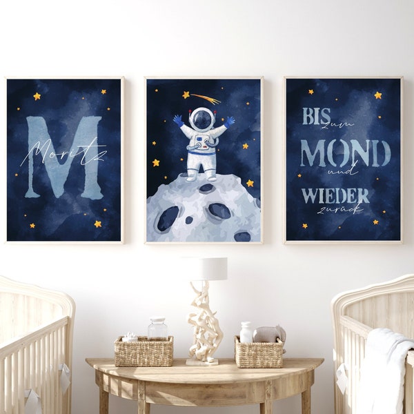 Astronaut Poster Set mit Name Kinderzimmer Deko Junge und Mädchen Geschenk zur Geburt/Taufe Bilder Kinder Baby / Babyzimmer personalisierbar