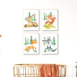 Pandawal Waldtiere Deko Bilder Kinderzimmer Babyzimmer Wanddeko Reh Fuchs Wolf Eichhörnchen Poster Set 4er Tiere für Kinder Junge I Mädchen