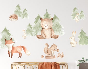 Panda whale wall sticker nursery forest animals wall tattoo with bear, fox, hedgehog, rabbit, squirrel for children wall decoration baby room playroom