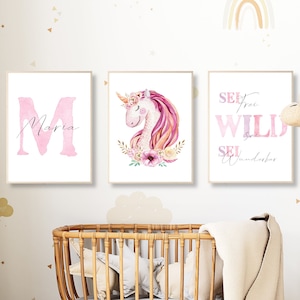 Conjunto de carteles de unicornio con nombre decoración de la habitación de los niños regalo de las niñas para el cumpleaños caballos imágenes niños bebé/habitación del bebé personalizado