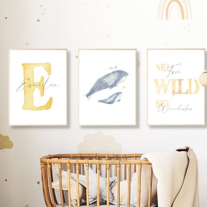 Conjunto de póster de ballena con nombre Decoración de guardería Regalo para niñas jóvenes para fotos de nacimiento / bautismo Niños Habitación de bebé / bebé personalizada