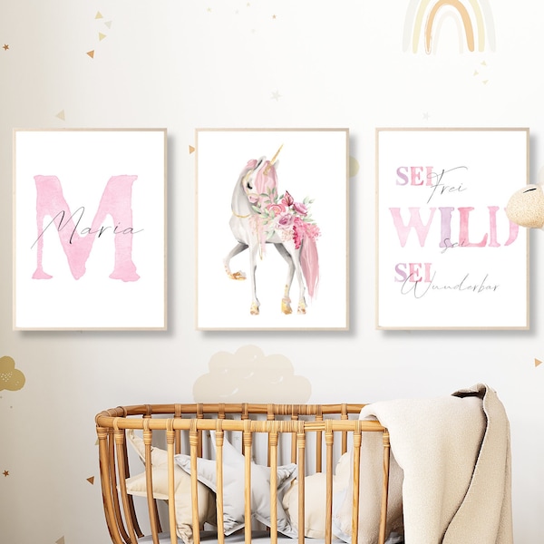 Unicorn poster set with name children's room decoration girls gift for birth/christening horses pictures children baby/baby room personalized