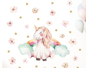 Wandaufkleber Einhorn Wandtattoo für Kinderzimmer Spielzimmer Mädchenzimmer Deko Aufkleber Regenbogen Sterne Wandbild Baby/Kinder Wanddeko