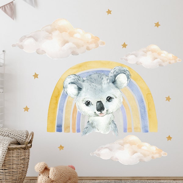 Pandawal Wandtattoo Baby Koala mit Regenbogen und Wolken Safari Tiere Wandaufkleber Kinderzimmer Deko Bild für Junge und Mädchen Wandbild