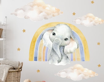 Panda baleine mur tatouage bébé éléphant avec arc-en-ciel et nuages safari animaux sticker mural chambre d'enfant décoration photo pour garçons et filles murale