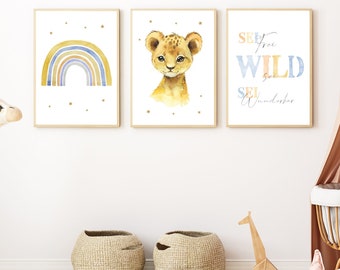 Regenbogen Poster Set mit Tier Kinderzimmer Deko Junge und Mädchen Geschenk zur Geburt/Taufe Tiere Bilder Kinder Baby/Babyzimmer Aquarell