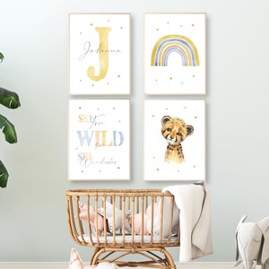 Conjunto de carteles arco iris con nombre decoración de la habitación de los niños niño niña regalo nacimiento/bautismo animales imágenes niños habitación del bebé guepardo personalizado