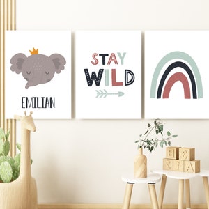 Set di poster con animali della foresta con nome, decorazione per la cameretta dei bambini, regalo per bambina, immagini per battesimo, cameretta per bambini personalizzata, elefante arcobaleno