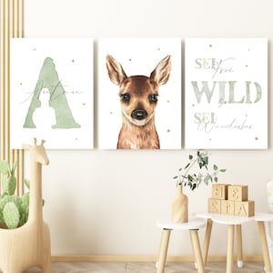 Waldtiere Poster Set mit Name Kinderzimmer Deko Junge Mädchen Geschenk zur Geburt/Taufe Tiere Bilder Kinder Baby/Babyzimmer Reh, Bär Fuchs