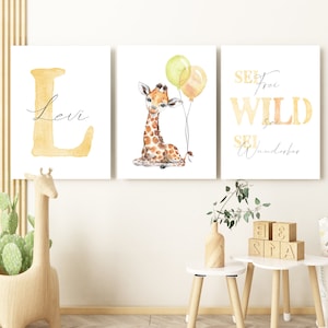 Safari Tiere mit Luftballons Bilder Set Name Kinderzimmer Deko Junge  Mädchen Geschenk zur Geburt Kinder Baby / Babyzimmer personalisierbar
