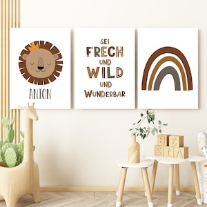 Waldtiere Poster Set mit Name Kinderzimmer Deko Junge Mädchen Geschenk Geburt/Taufe Bilder Kinder Babyzimmer personalisiert Löwe Regenbogen