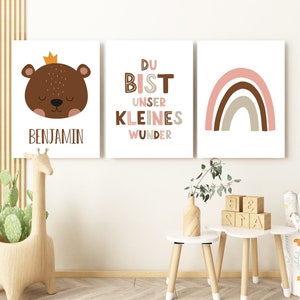 Waldtiere Poster Set mit Name Kinderzimmer Deko Junge Mädchen Geschenk Geburt/Taufe Bilder Kinder Babyzimmer personalisiert Bär Regenbogen
