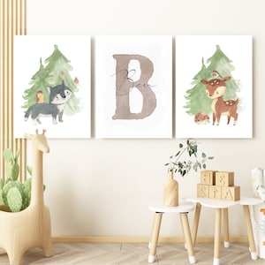 Waldtiere Poster Set mit Name Kinderzimmer Deko Junge Mädchen Geschenk Geburt/Taufe Tiere Bilder Kinder Babyzimmer personalisiert Wolf Fuchs
