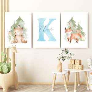 Waldtiere Poster Set mit Name Kinderzimmer Deko Junge Mädchen Geschenk Geburt/Taufe Tiere Bilder Kinder Babyzimmer personalisiert Bär Fuchs Bild 3