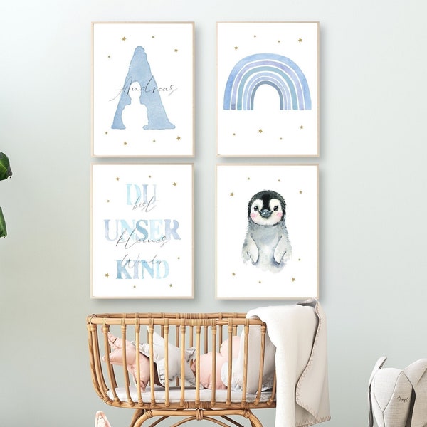 Set di poster arcobaleno con nome, decorazione per la cameretta dei bambini, regalo per nascita/battesimo, animali, immagini per la cameretta dei bambini, pinguino personalizzato