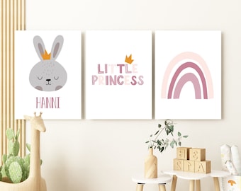 Waldtiere Poster Set mit Name Kinderzimmer Deko Junge Mädchen Geschenk Geburt/Taufe Bilder Kinder Babyzimmer personalisiert Hase Regenbogen