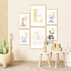 Animales de safari con globos imágenes establecer nombre decoración de la habitación de los niños niño niña regalo nacimiento niños habitación del bebé personalizable DIN A4 & A3