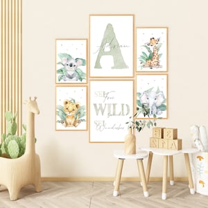 Set di poster Safari con nome decorazione per la cameretta dei bambini, regalo per nascita/battesimo, immagini di animali, cameretta dei bambini, DIN A4 e A3