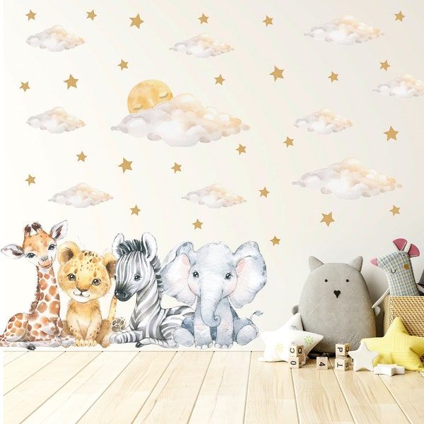 Wandaufkleber Kinderzimmer Baby Löwe Elefant Zebra Giraffe mit Wolken und Sternen Safari Wandtattoo für Kinder Wanddeko Jungen und Mädchen