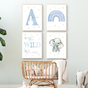 Regenbogen Poster Set mit Name Kinderzimmer Deko Junge Mädchen Geschenk Geburt/Taufe Tiere Bilder Kinder Babyzimmer personalisiert Elefant